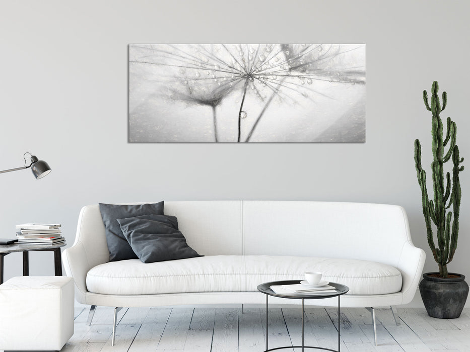 Pusteblume bedeckt mit Tropfen, Glasbild Panorama