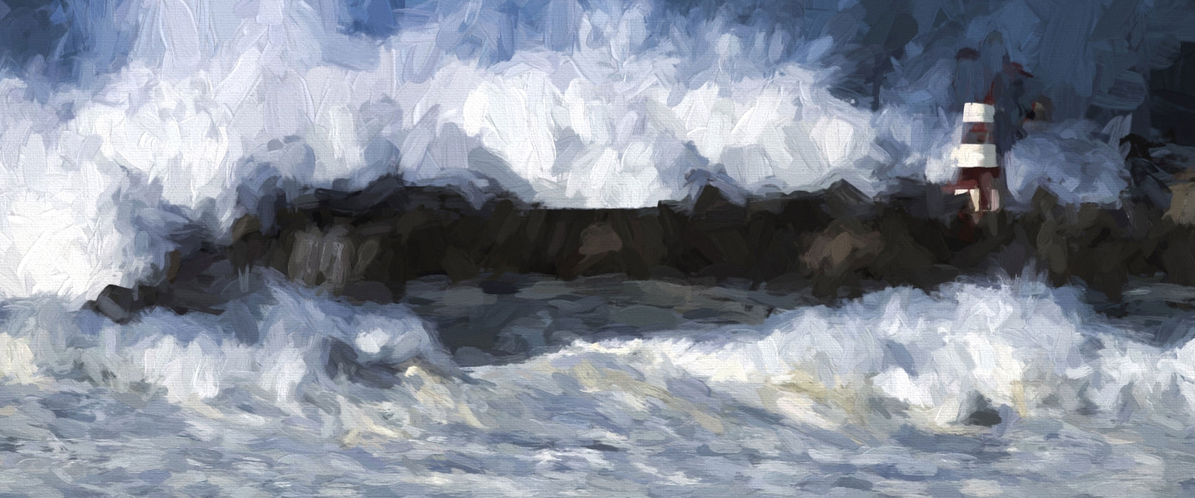 Tobendes Meer mit Leuchtturm, Glasbild Panorama