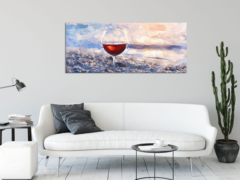 Weinglas am Strand, Glasbild Panorama