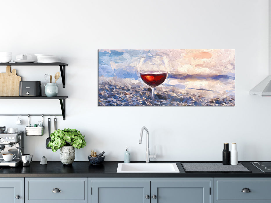 Weinglas am Strand, Glasbild Panorama