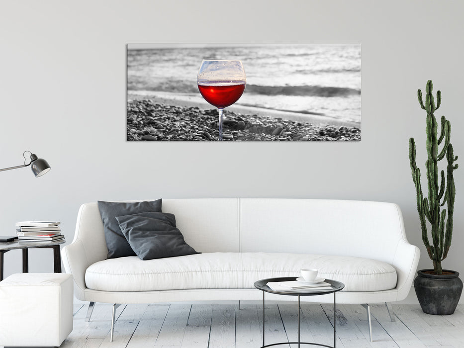 Weinglas am Strand, Glasbild Panorama