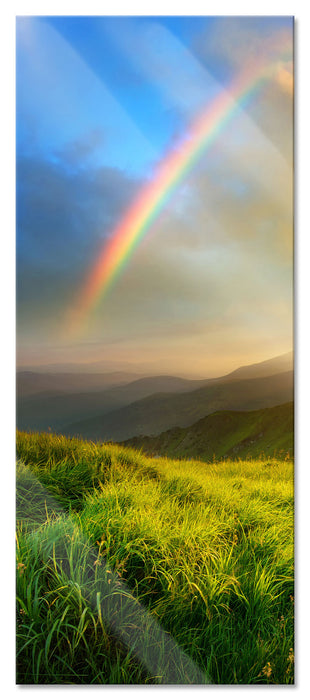 Pixxprint Berge mit Regenbogen am Himmel, Glasbild Panorama