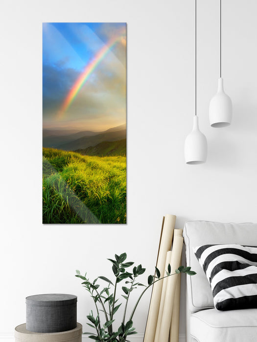 Berge mit Regenbogen am Himmel, Glasbild Panorama