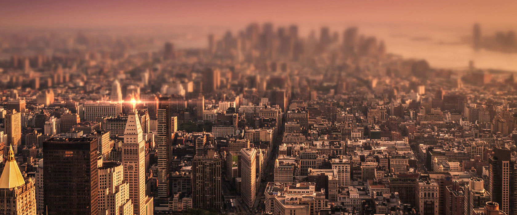 New York City bei Sonnenuntergang, Glasbild Panorama