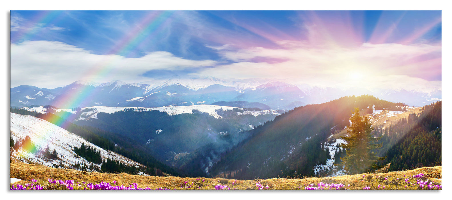 Pixxprint Berge mit Regenbogen, Glasbild Panorama