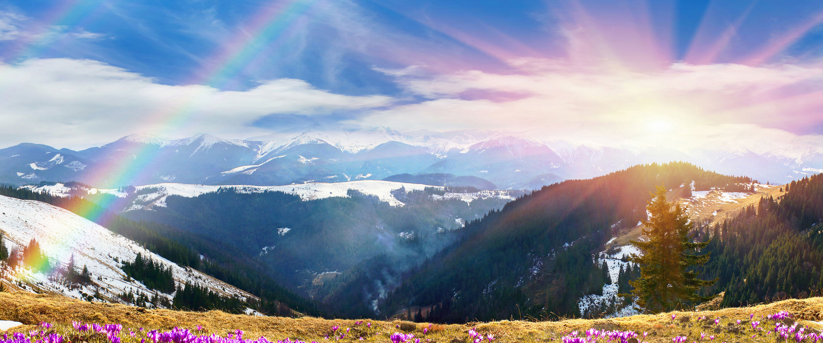 Berge mit Regenbogen, Glasbild Panorama