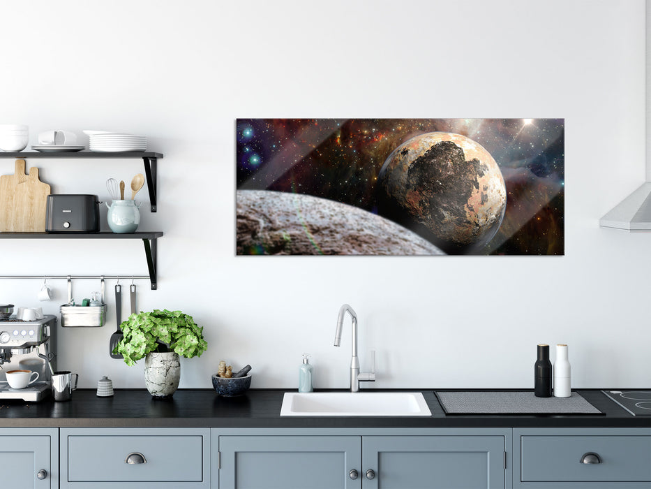 Alien Planeten im Weltall, Glasbild Panorama