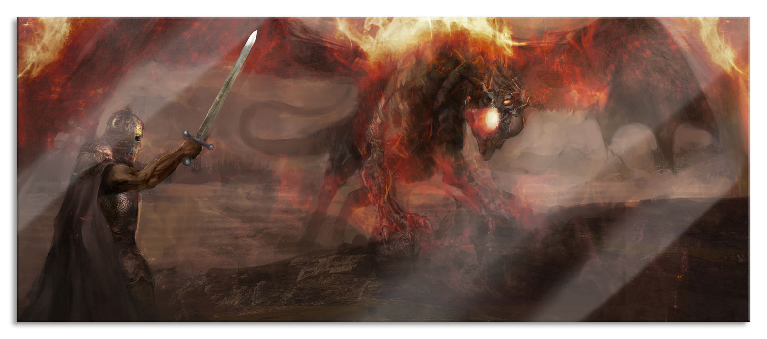 Pixxprint Ritter Drachen Feuer, Glasbild Panorama