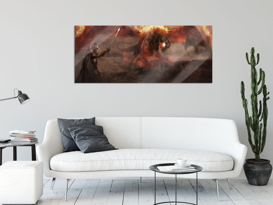 Ritter Drachen Feuer, Glasbild Panorama