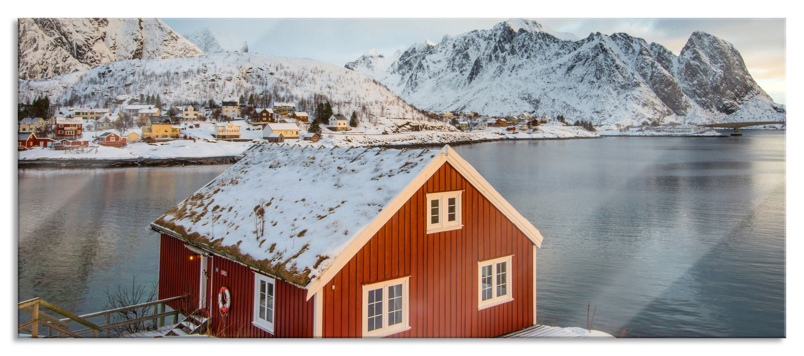 Pixxprint Fischerhaus Lofoten, Glasbild Panorama