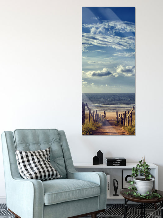 Weg zum Strand am Meer, Glasbild Panorama