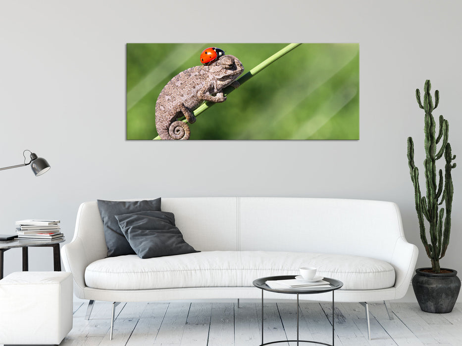 Süßer Gecko mit einem Marienkäfer, Glasbild Panorama