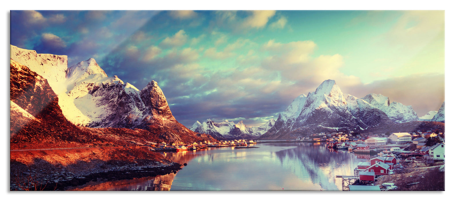 Pixxprint Schneelandschaft in Norwegen, Glasbild Panorama