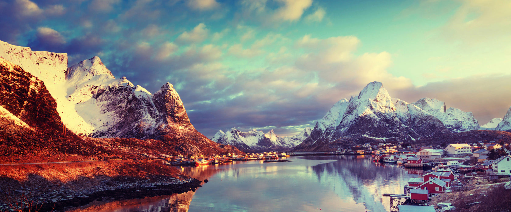 Schneelandschaft in Norwegen, Glasbild Panorama