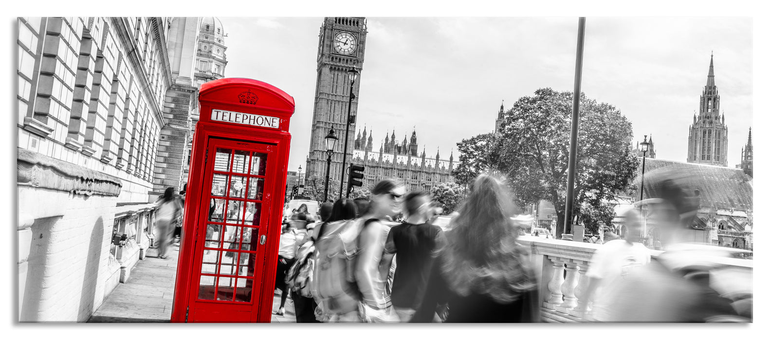 Typische Telefonzelle in London, Glasbild Panorama