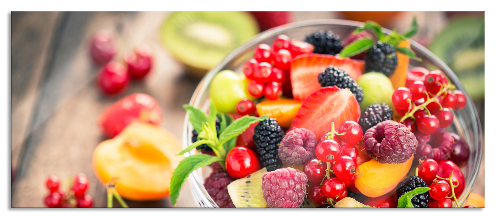 Pixxprint Obstsalat in der Schüssel, Glasbild Panorama