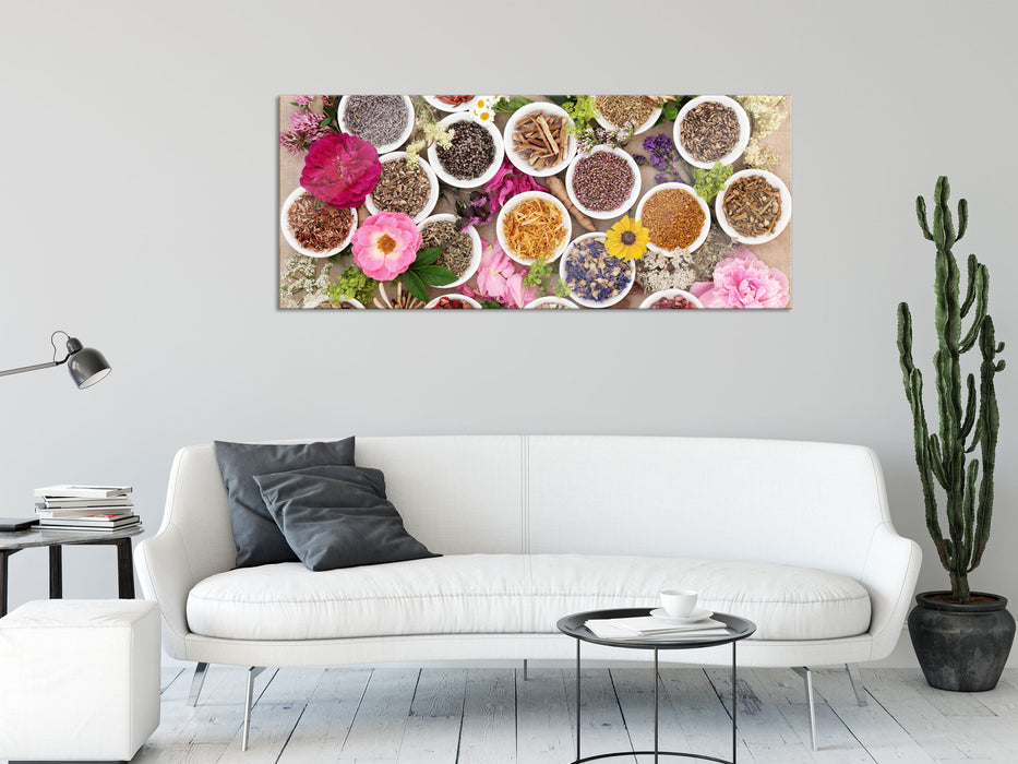 Heilende Kräuter und Blumen, Glasbild Panorama