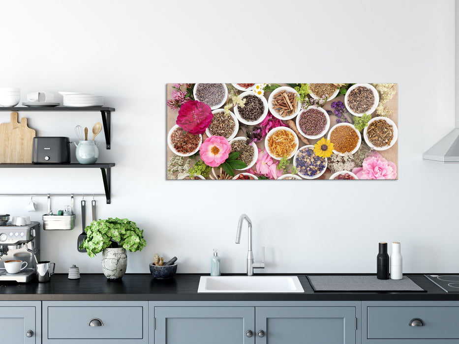 Heilende Kräuter und Blumen, Glasbild Panorama