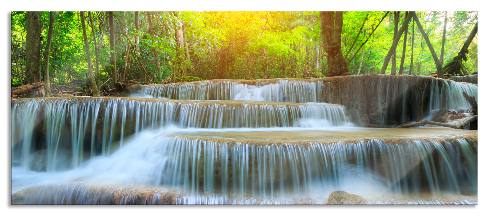 Pixxprint Wasserfall im Regenwald, Glasbild Panorama