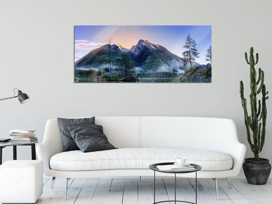 Sonnenaufgang am Hintersee, Glasbild Panorama