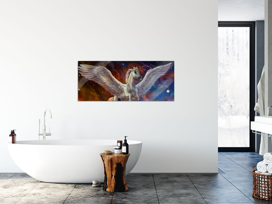 Weißer Pegasus mit Engelsflügel, Glasbild Panorama