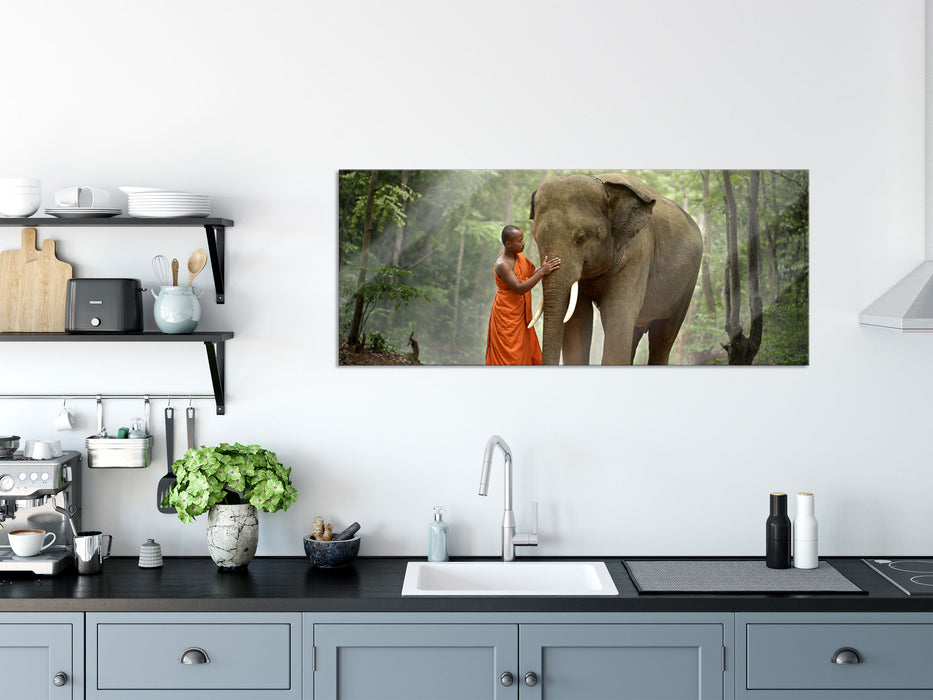 wunderschöner Elefant mit Mönch, Glasbild Panorama