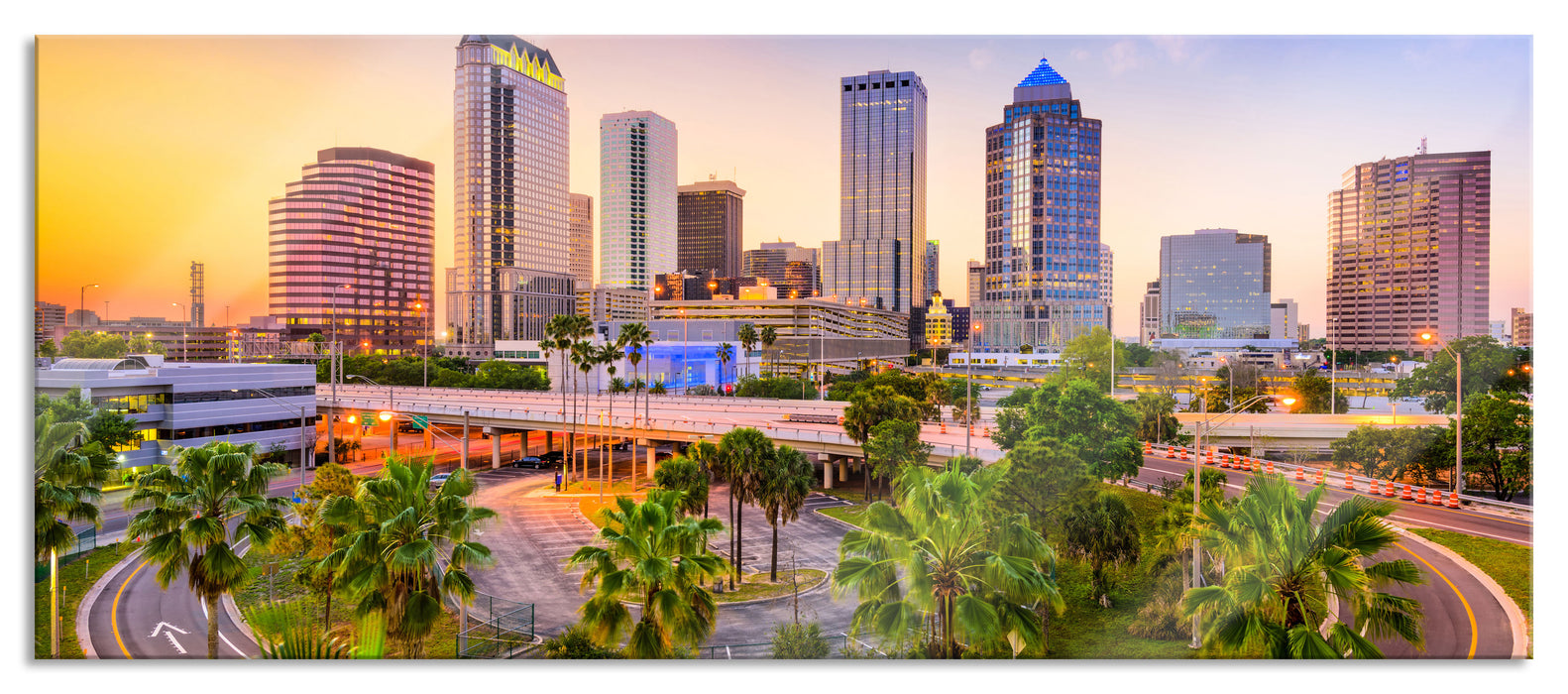 Pixxprint Skyline in den USA, Glasbild Panorama