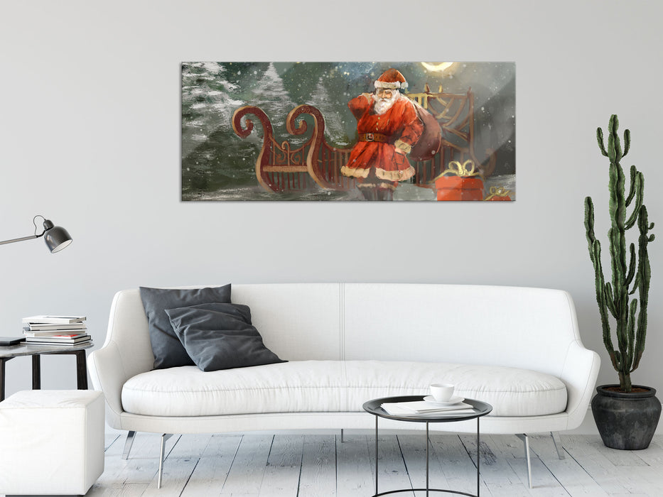 Weihnachtsmann mit Geschenken, Glasbild Panorama