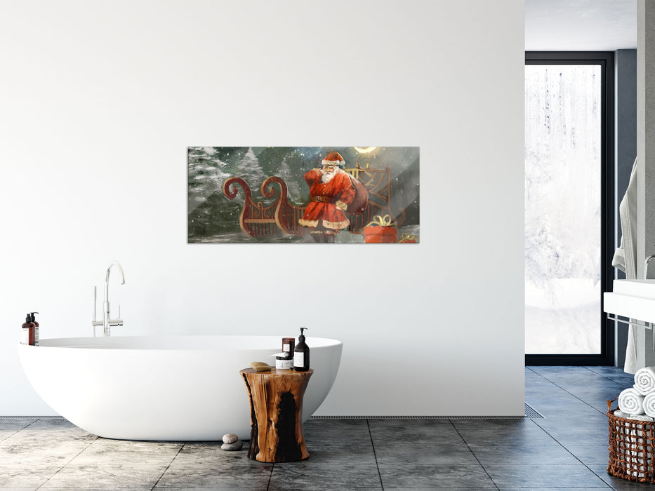 Weihnachtsmann mit Geschenken, Glasbild Panorama