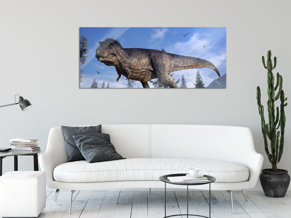 T-Rex Dinosaurier in der Natur, Glasbild Panorama