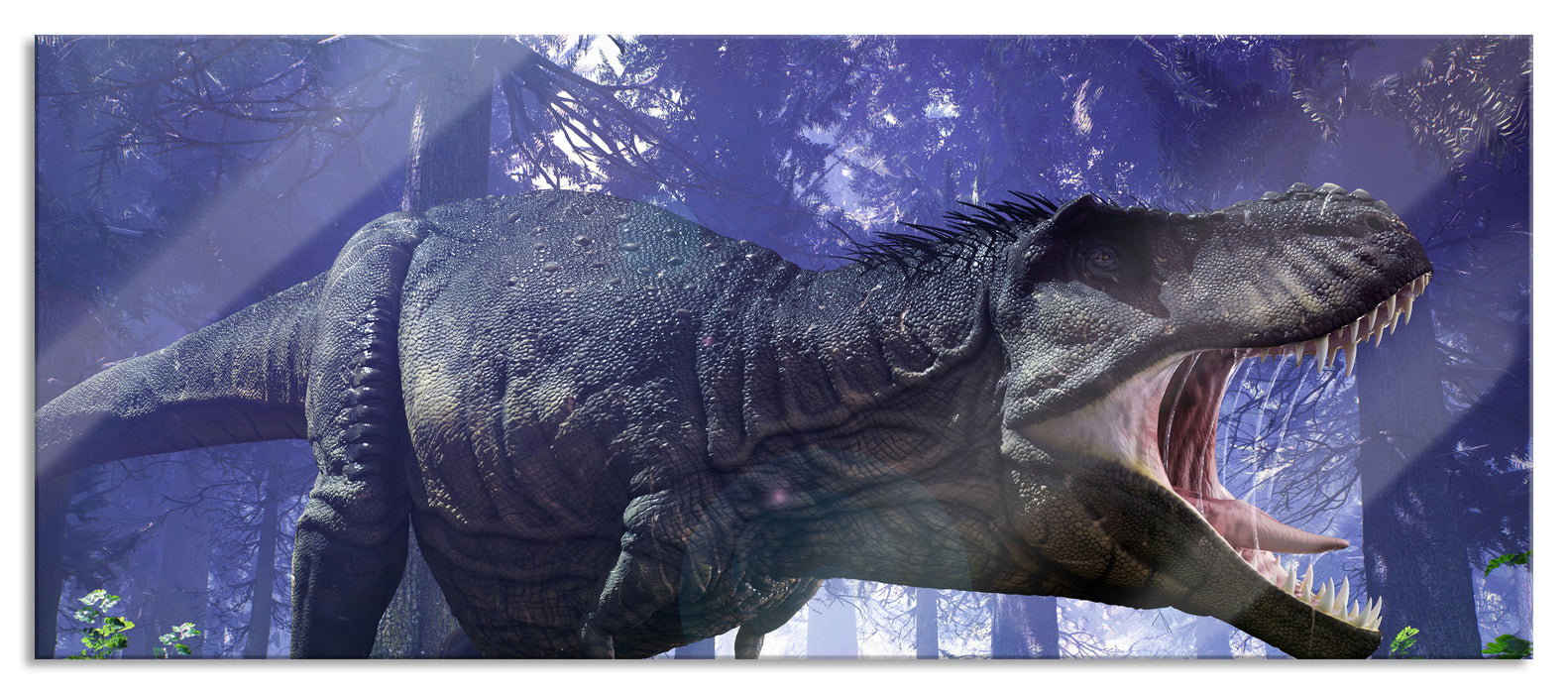 Pixxprint T-Rex Dinosaurier im Wald, Glasbild Panorama