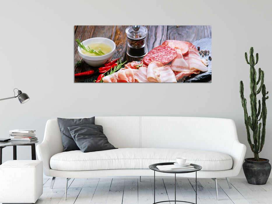 Antipasti Wurstsorten, Glasbild Panorama