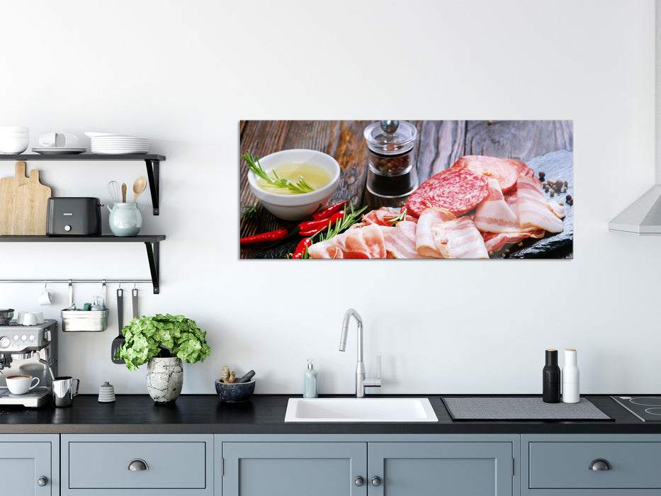 Antipasti Wurstsorten, Glasbild Panorama