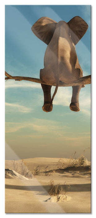 Pixxprint Elefant auf einem Ast in der Wüste, Glasbild Panorama