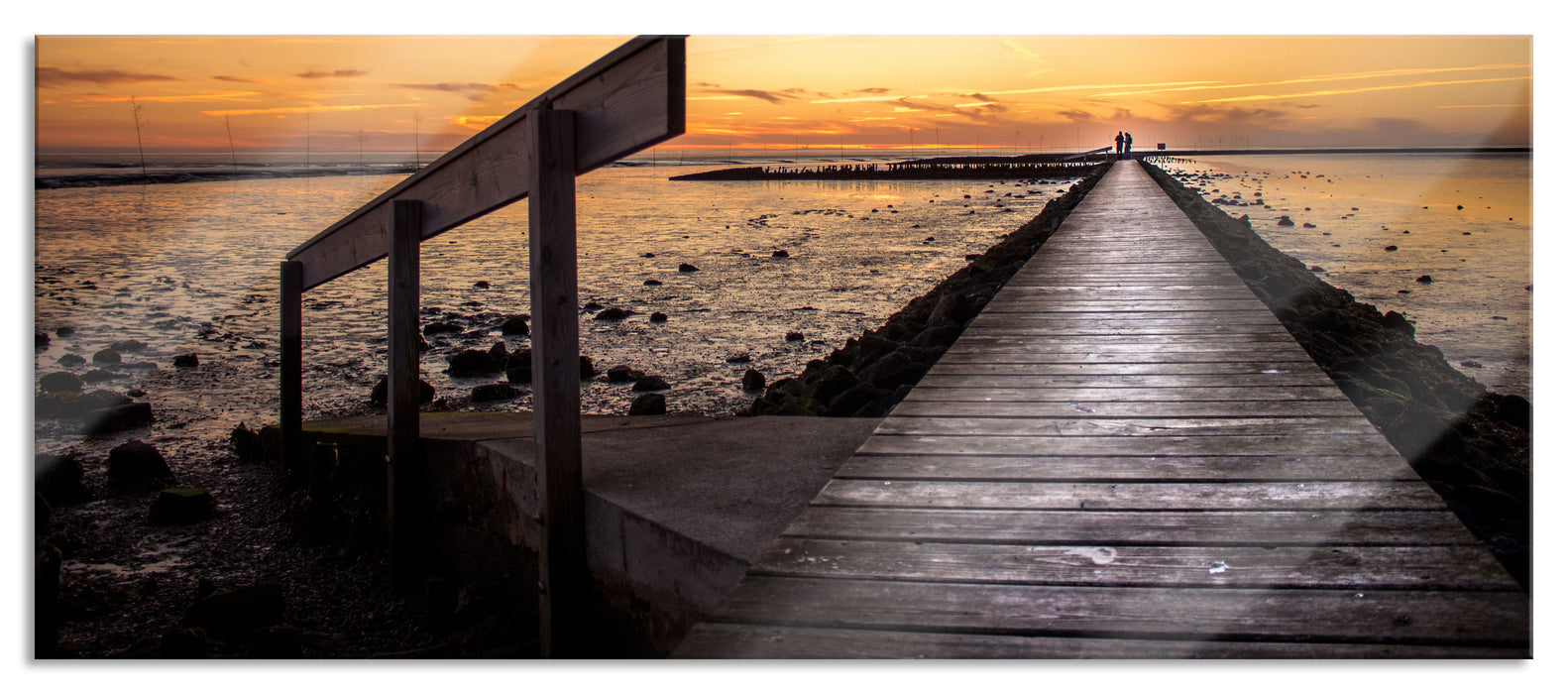 Pixxprint langer Steg an der Nordsee, Glasbild Panorama