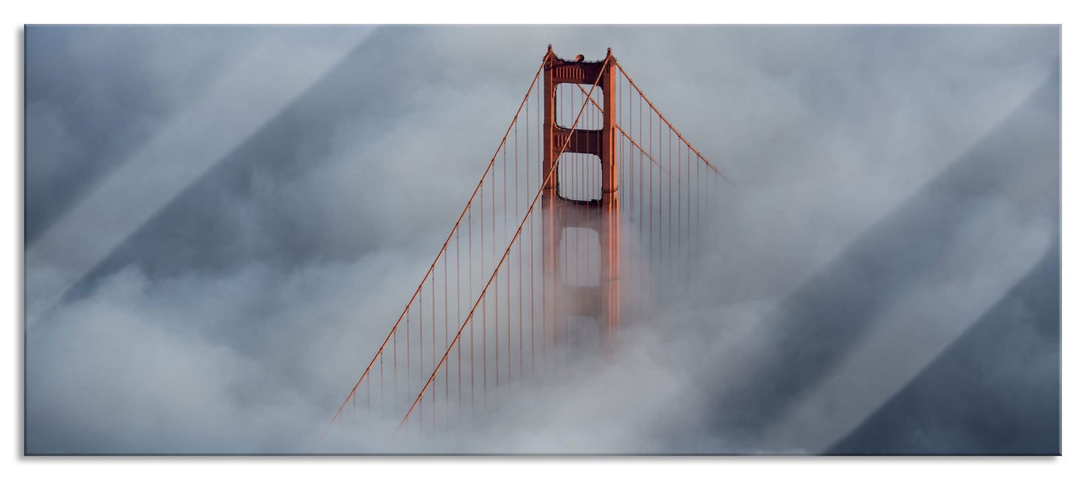 Pixxprint Golden Gate Bridge über den Wolken, Glasbild Panorama