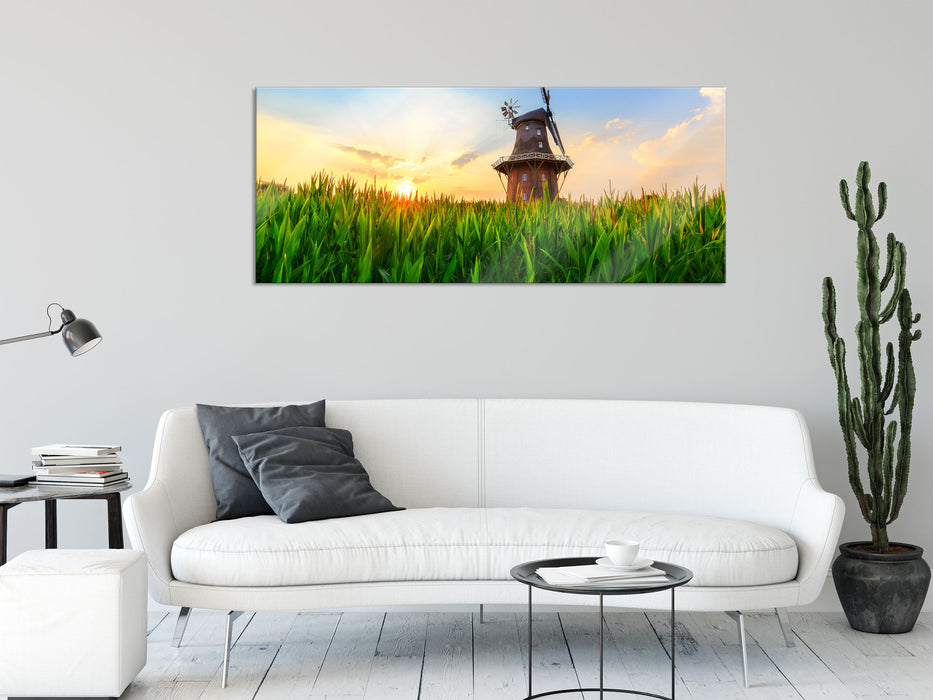 schöne Windmühle auf dem Feld, Glasbild Panorama