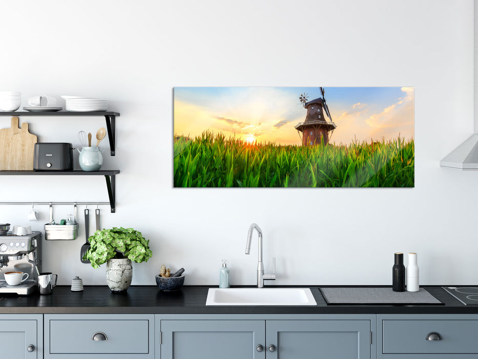 schöne Windmühle auf dem Feld, Glasbild Panorama