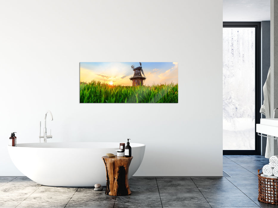 schöne Windmühle auf dem Feld, Glasbild Panorama