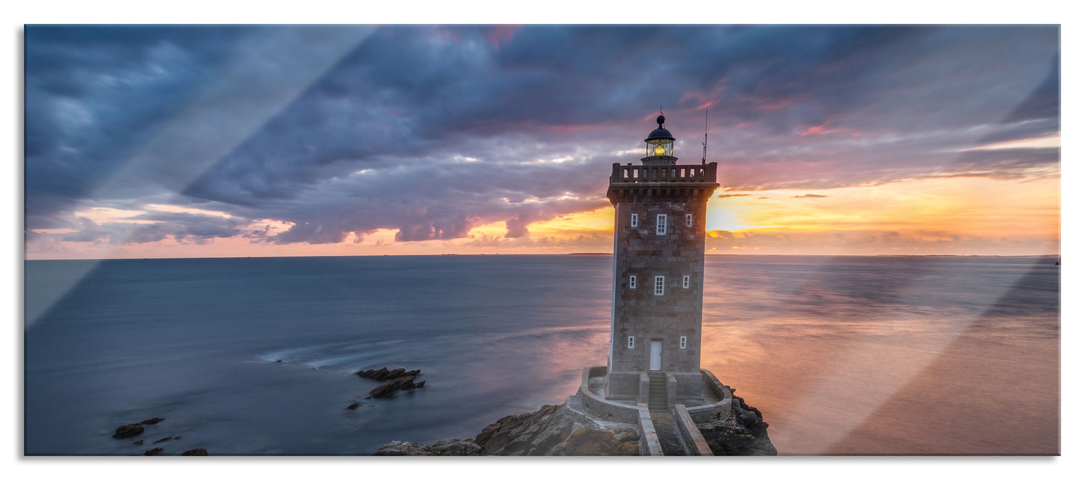 Pixxprint Leuchtturm im Sonnenuntergang, Glasbild Panorama