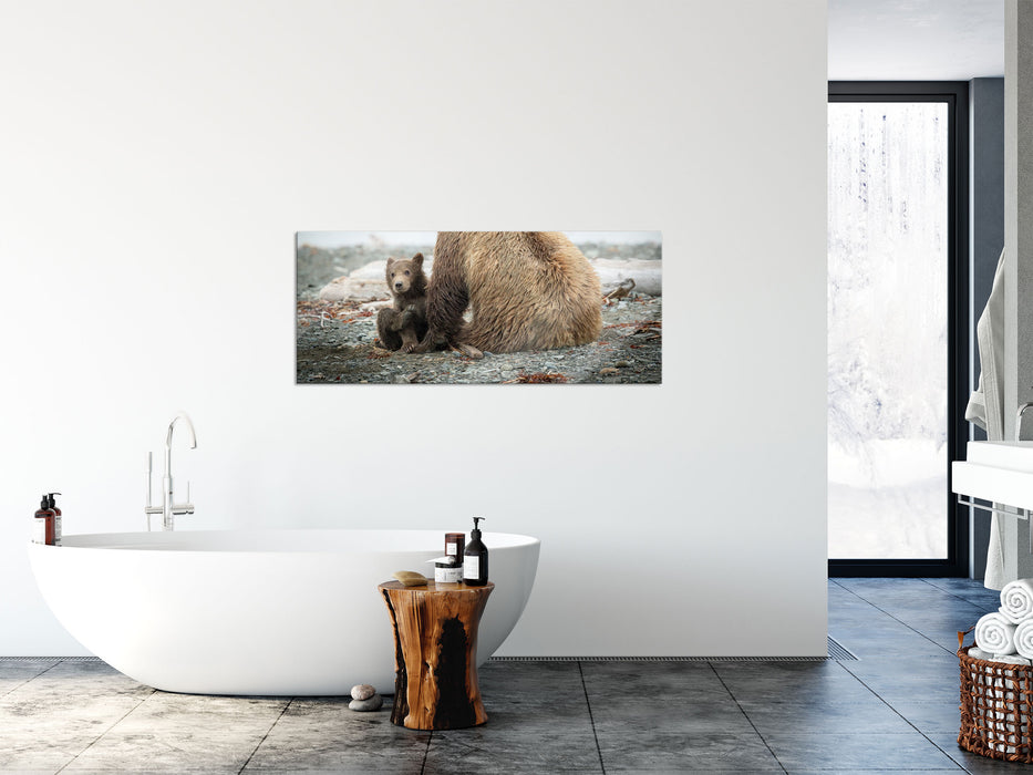 Bär mit Baby nach dem Baden, Glasbild Panorama