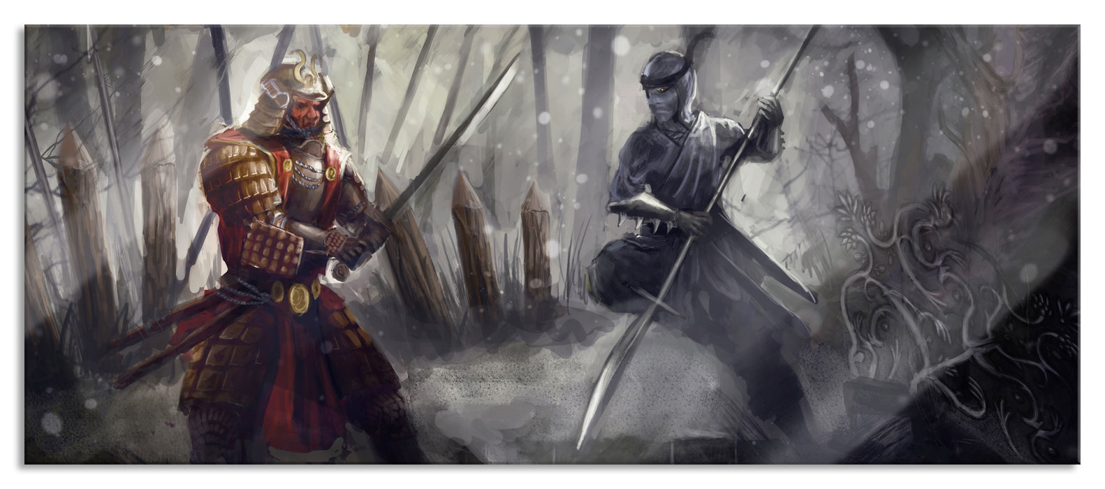 Pixxprint Kampf zwischen Samurai und Ninja, Glasbild Panorama