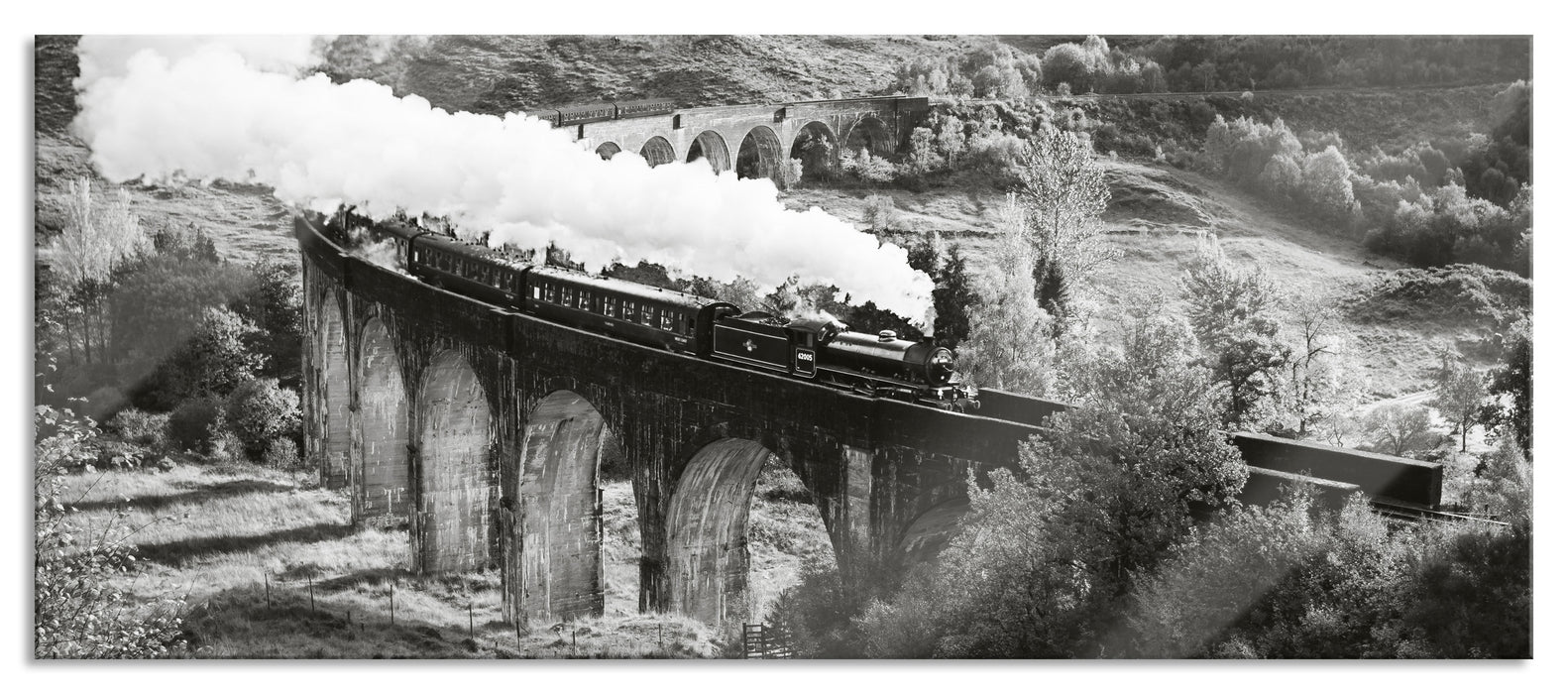 Pixxprint Lokomotive Glenfinnan Viadukt, Glasbild Panorama