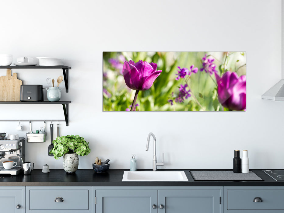 Blumen im Sonnenschein, Glasbild Panorama