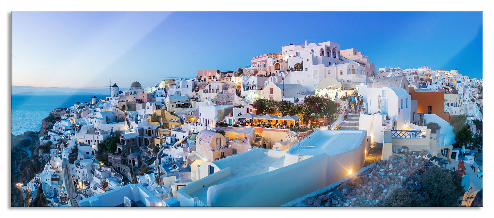 Pixxprint Oia Dorf Santorin, Glasbild Panorama