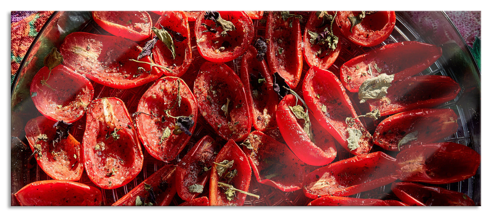 Pixxprint Tomaten Olivenöl Kräuter, Glasbild Panorama