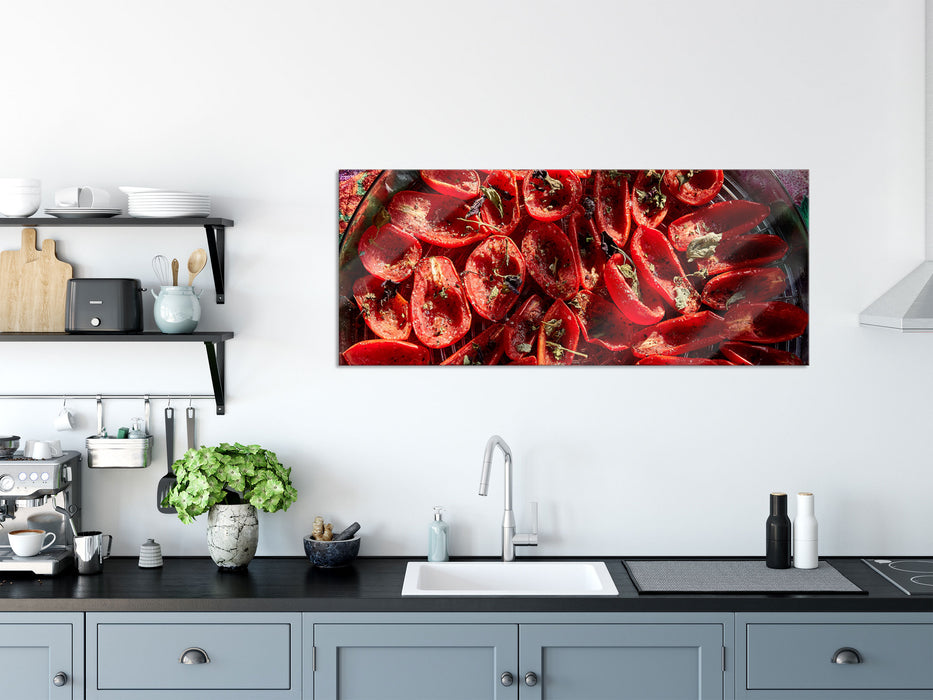 Tomaten Olivenöl Kräuter, Glasbild Panorama