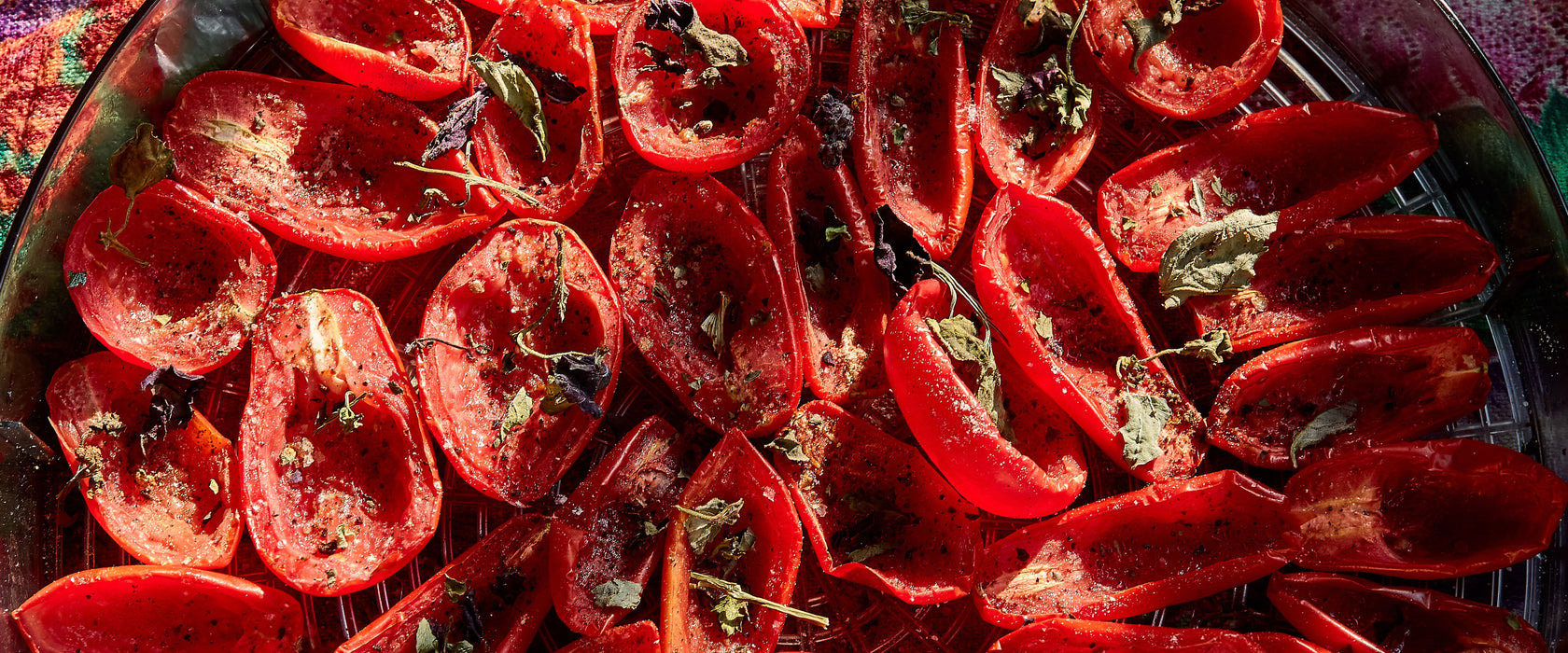 Tomaten Olivenöl Kräuter, Glasbild Panorama