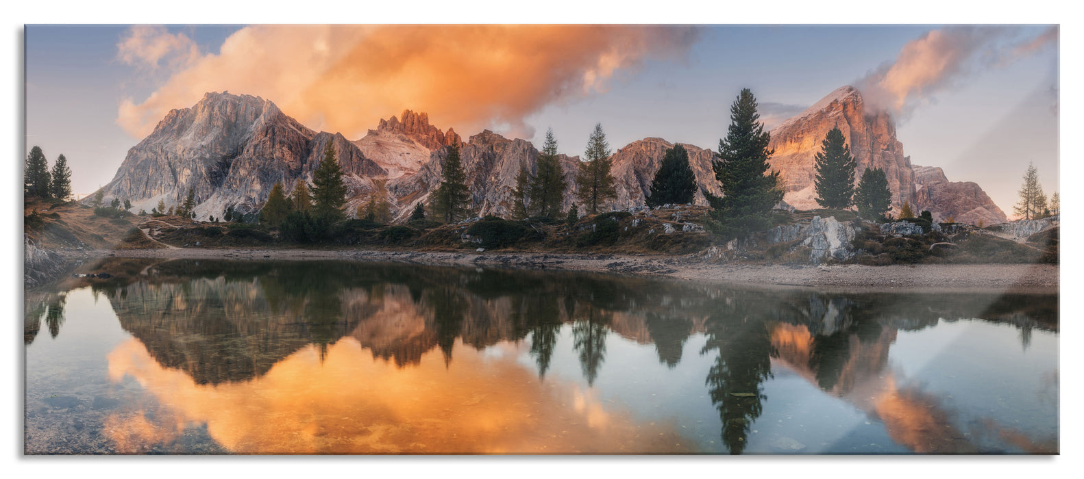 Pixxprint bunte Dolomiten am See Limides, Glasbild Panorama