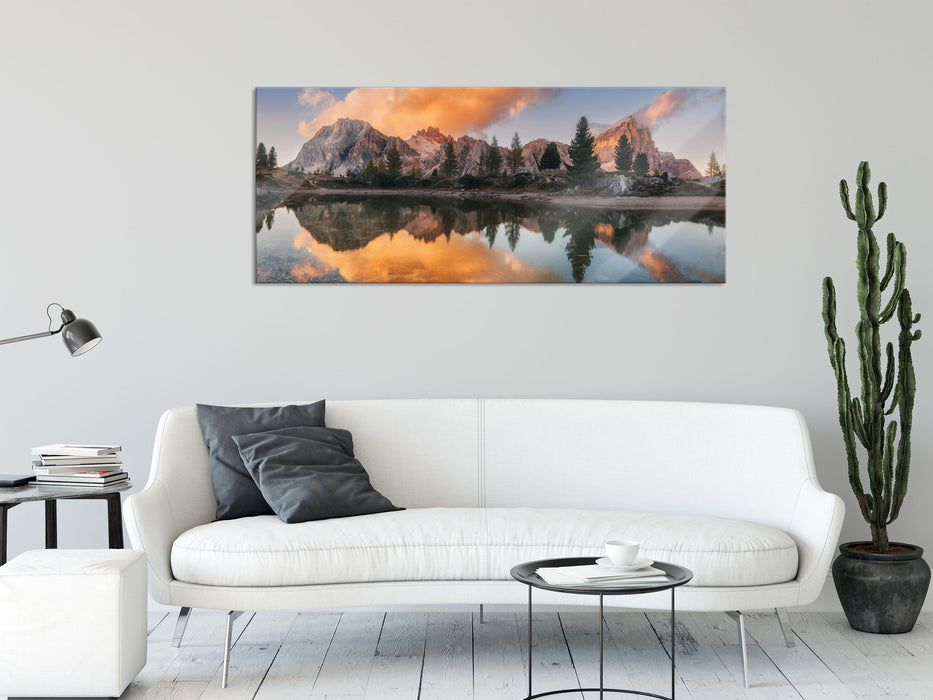 bunte Dolomiten am See Limides, Glasbild Panorama